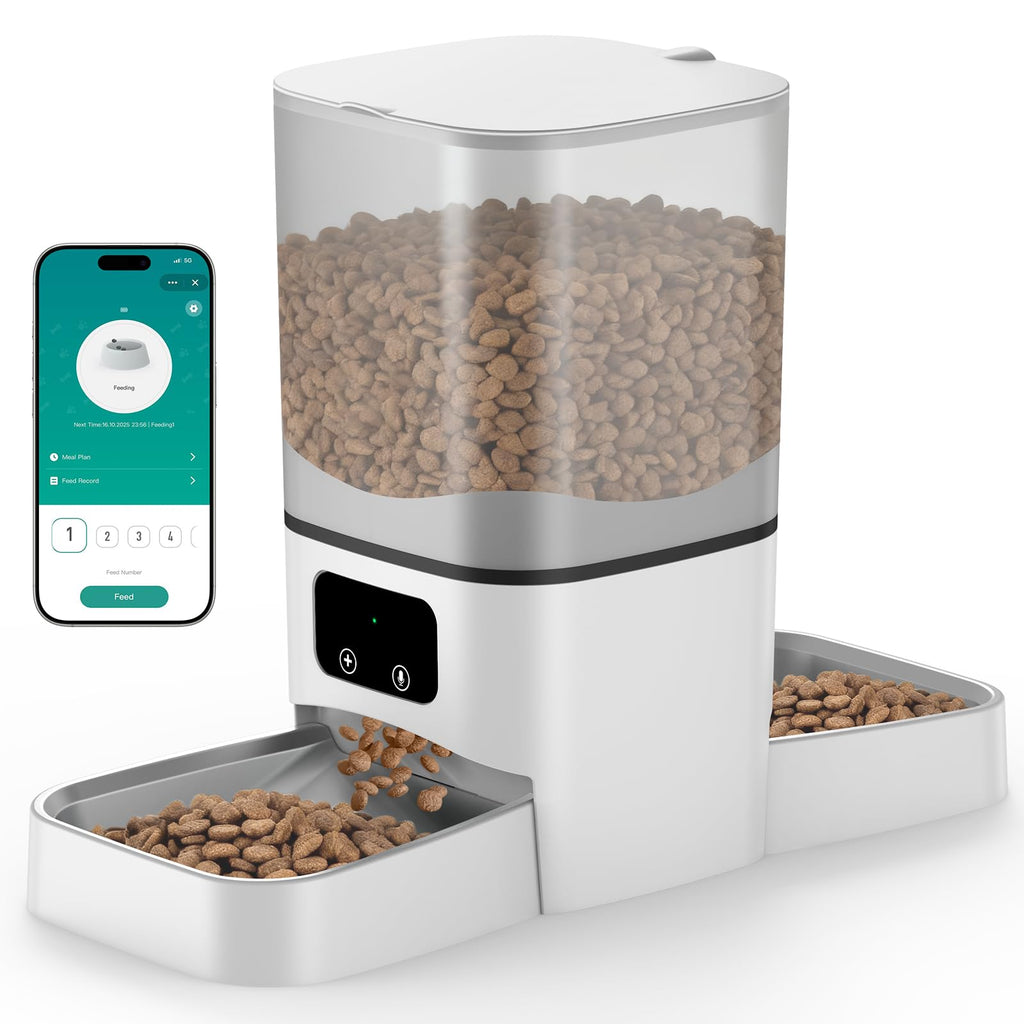 Automatic Cat Feeder for Two Cats 6L WiFi Pet Feeder with Dual Bowls App Control Voice Recorder