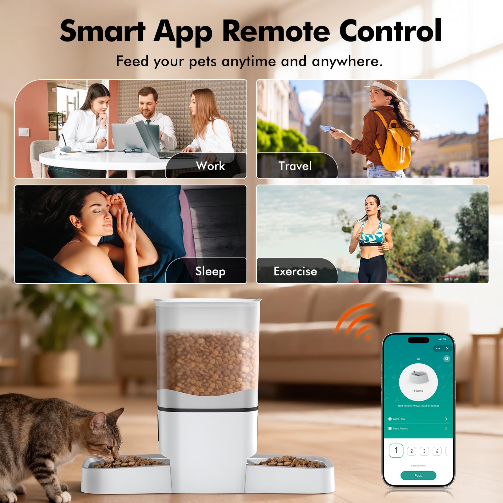 Automatic Cat Feeder for Two Cats 6L WiFi Pet Feeder with Dual Bowls App Control Voice Recorder