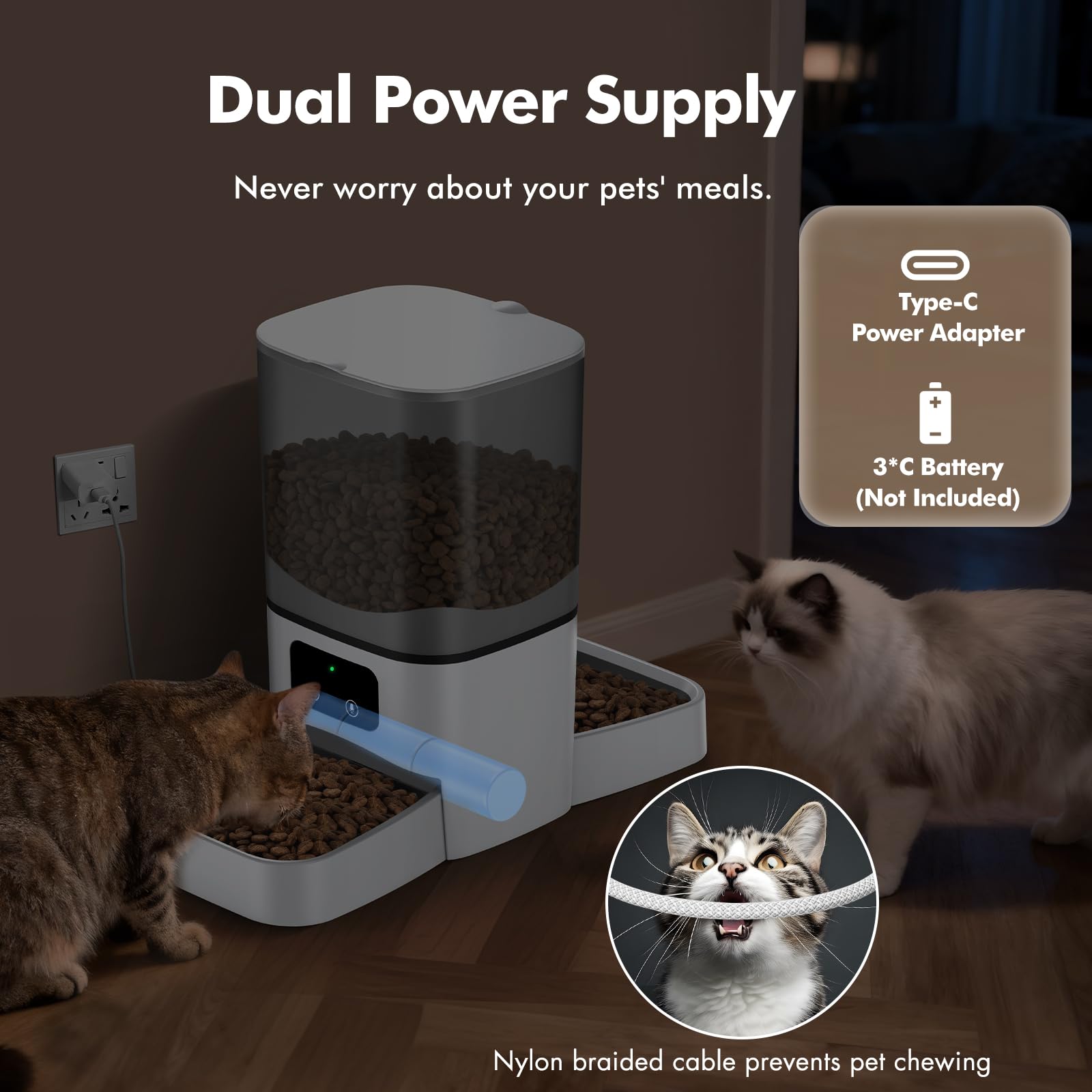 Automatic Cat Feeder for Two Cats 6L WiFi Pet Feeder with Dual Bowls App Control Voice Recorder
