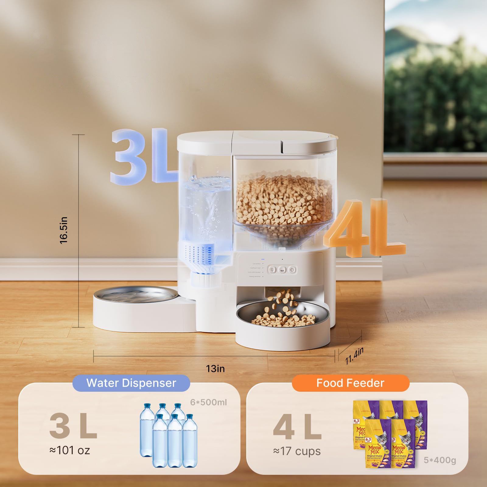 Automatic Cat Feeder with Water Dispenser 4L Food Tank 3L Waterer WiFi App Control